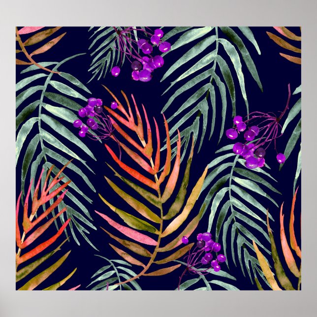 Póster Hojas de acuarela tropical, salpicaduras abstracta (Frente)