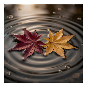Póster Hojas de arce de otoño flotando en el agua