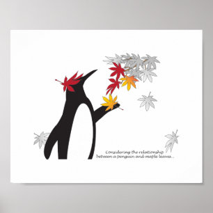 Póster Hojas de arce de otoño y pingüino divertido y lind