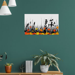 Póster Hojas de arce de otoño y silueta de hierba silvest