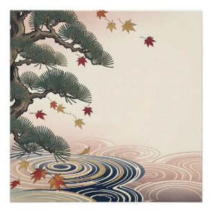 Póster Hojas de Arce de Pino Japonés Olas de Otoño