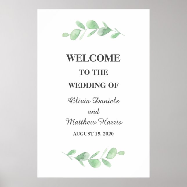Póster Hojas de eucalipto. Bienvenida a un simple boda de (Frente)