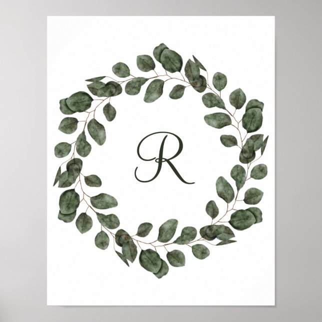 Póster Hojas de eucalipto elegantes modernas con monogram (Frente)