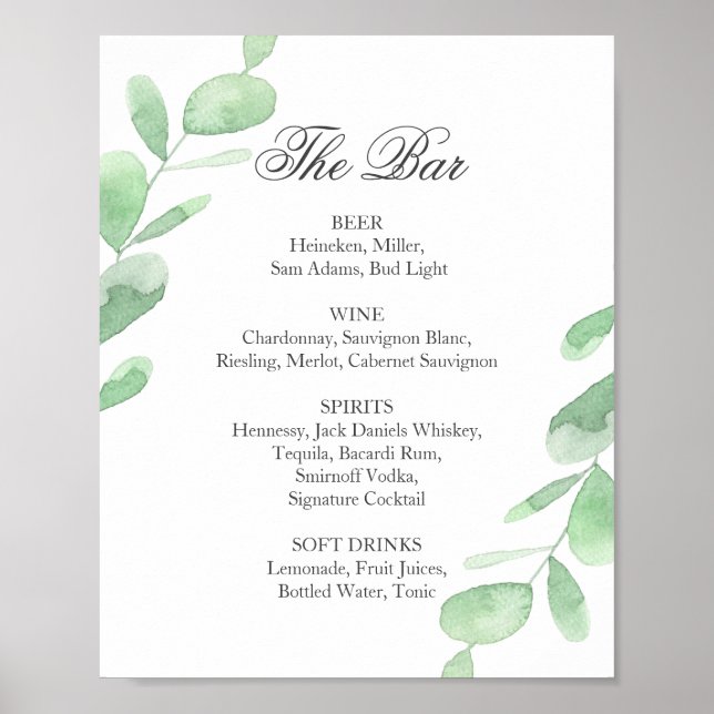 Póster Hojas de eucalipto. Poster del menú Barra de bodas (Frente)