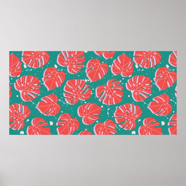Póster Hojas de monstera roja en un patrón verde sin cost (Frente)