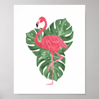Póster Hojas de Monstera Tropical Flamingo Rosa