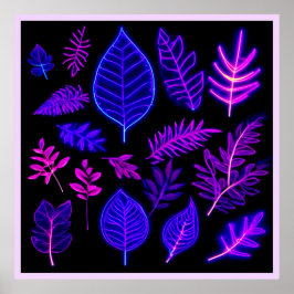 Póster Hojas de neón en tonos rosados y morados