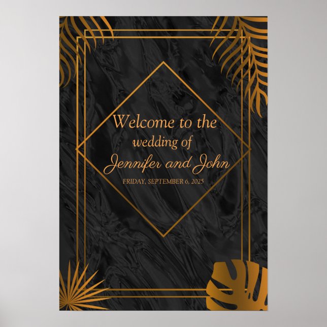 Póster Hojas de oro y Boda tropical del marco geométrico (Frente)