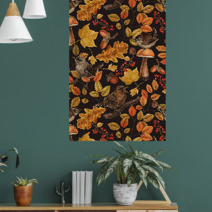 Póster Hojas de otoño, bayas, hongos y chochines