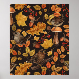 Póster Hojas de otoño, bayas, hongos y reyezuelos
