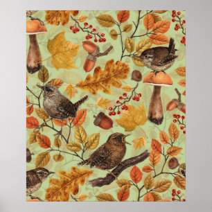 Póster Hojas de otoño, bayas, hongos y reyezuelos