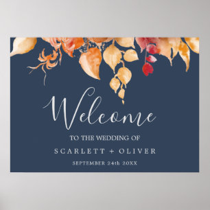 Póster Hojas de otoño   Boda de bienvenida Navy Blue & Bu