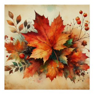 Póster Hojas de otoño color de agua vintage color otoño