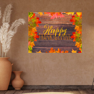 Póster Hojas de otoño en madera de granero Feliz Día de A