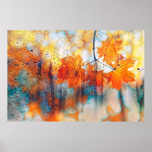 Póster hojas de otoño sobre textura de vidrio lluvioso. c