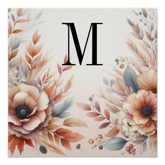 Póster Hojas de otoño y flores monograma acuarela  (Anverso)