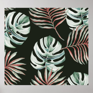 Póster Hojas de palma, monstera: acuarela tropical.