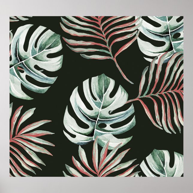 Póster Hojas de palma, monstera: acuarela tropical. (Frente)
