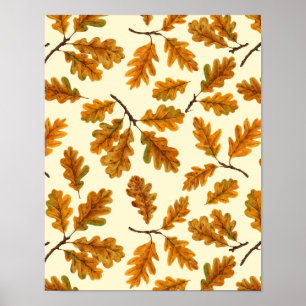 Póster Hojas de roble otoñales en blanco roto