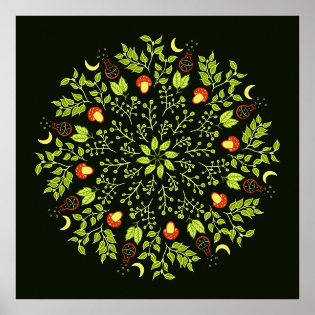 Póster Hojas de setas de poción de bruja verde plantas ma (Frente)