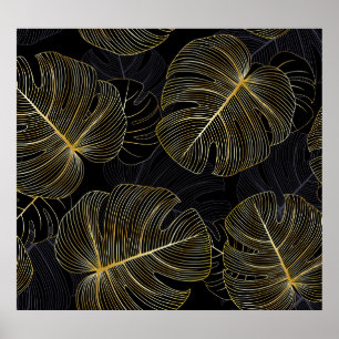 Póster Hojas doradas monsteras, floral romántica sin cost