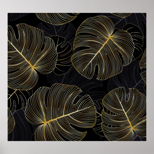 Póster Hojas doradas monsteras, floral romántica sin cost (Frente)