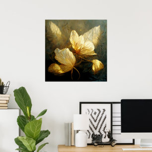 Póster Hojas doradas pintorescas en tonos Verde azulados 