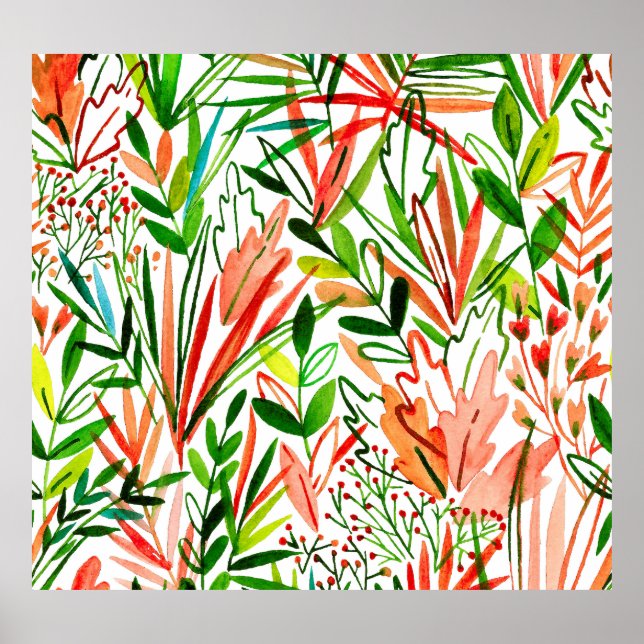 Póster Hojas exóticas, flores, trozo de selva acuática (Frente)
