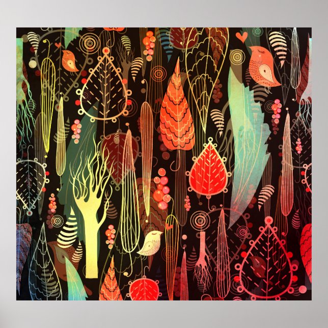 Póster Hojas otoñales: patrón oscuro sin costura. (Frente)