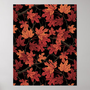 Póster Hojas rojas de arce de otoño sobre negro