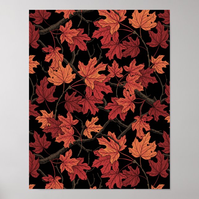 Póster Hojas rojas de arce de otoño sobre negro (Frente)