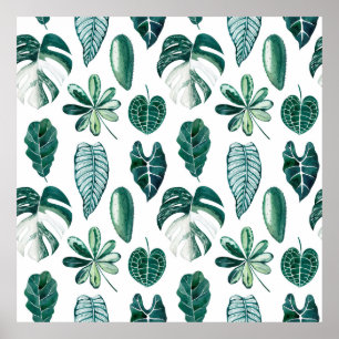 Póster Hojas tropicales acuarela patrón transparente con 