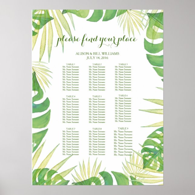 Póster Hojas tropicales boda carta de asientos para la ce (Frente)