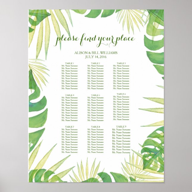 Póster Hojas tropicales boda carta de asientos para la ce (Frente)