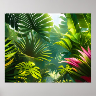 Póster Hojas Tropicales Coloridas y Flores de Hibisco