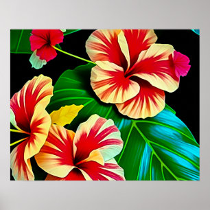 Póster Hojas Tropicales Coloridas y Flores de Hibisco