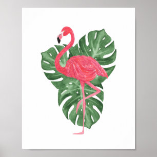 Póster Hojas tropicales de Monstera del flamenco rosado