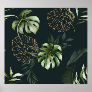 Póster Hojas tropicales de oro: acuarela oscura