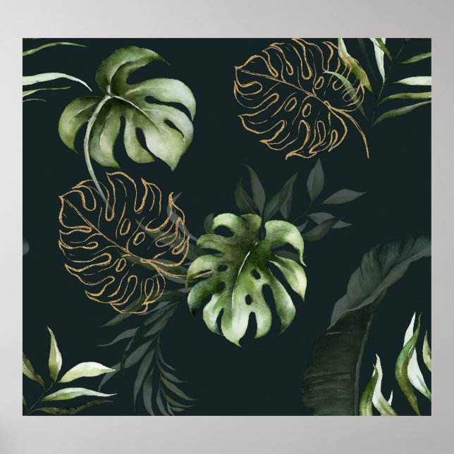 Póster Hojas tropicales de oro: acuarela oscura (Frente)