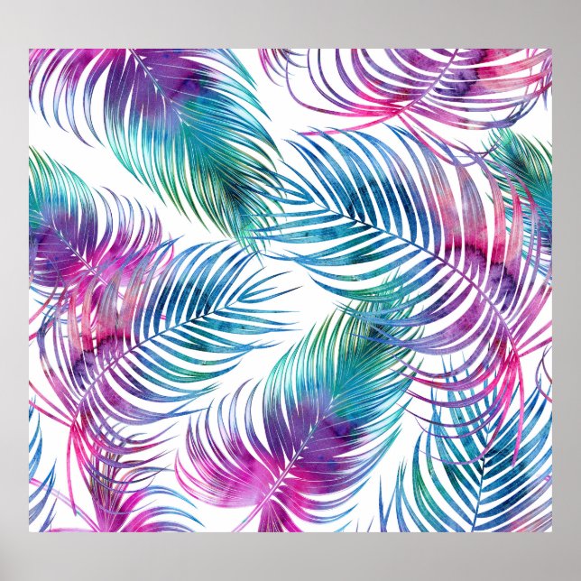 Póster Hojas tropicales de palma, acuarela floral. (Frente)