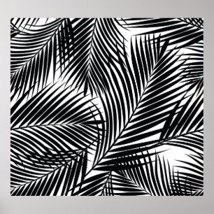 Póster Hojas tropicales de palmera negras, fondo blanco