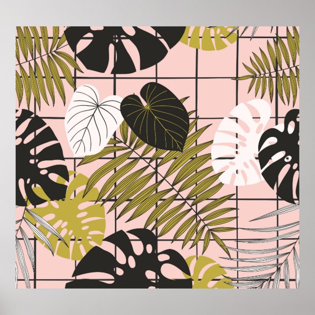 Póster Hojas tropicales, flores, patrón pintado a mano. (Frente)