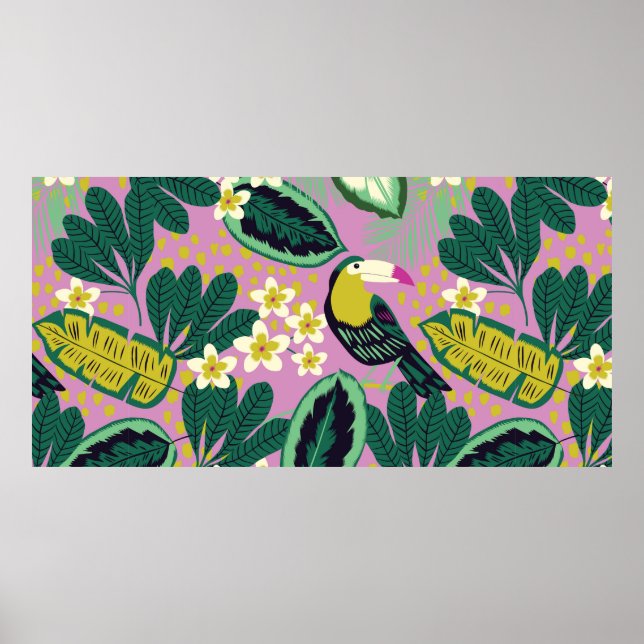 Póster Hojas tropicales, flores y pájaro toscano sin sold (Frente)