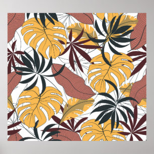 Póster Hojas tropicales: fondo vibrante sin costura.