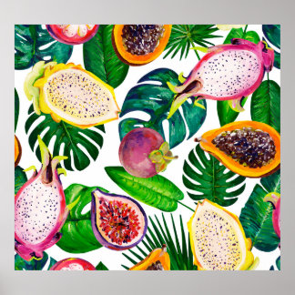 Póster Hojas tropicales, frutas, gouache sin costura.