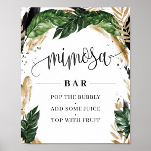 Póster Hojas tropicales Hawai flores oro mimosa signo bar