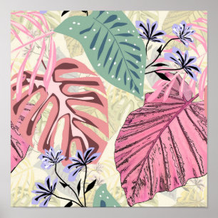 Póster Hojas tropicales rosas y verdes, flores azules.