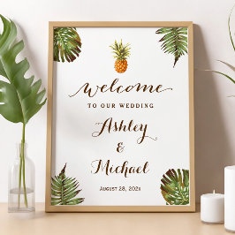 Póster Hojas tropicales Rótulo Boda Piña Luau