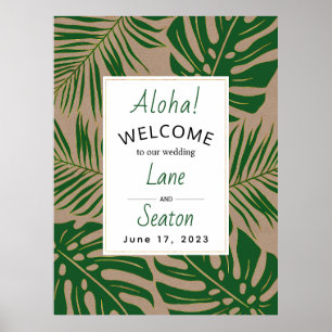 Póster Hojas tropicales verde, signo de bienvenida boda d