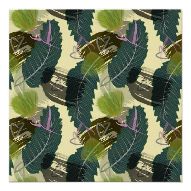 Póster Hojas tropicales y flores acuarelas. (Anverso)